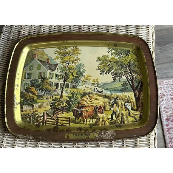 VINTAGE CURRIER & IVES HARVEST TIME METAL SERVING TRAY - Picture 1 of 8